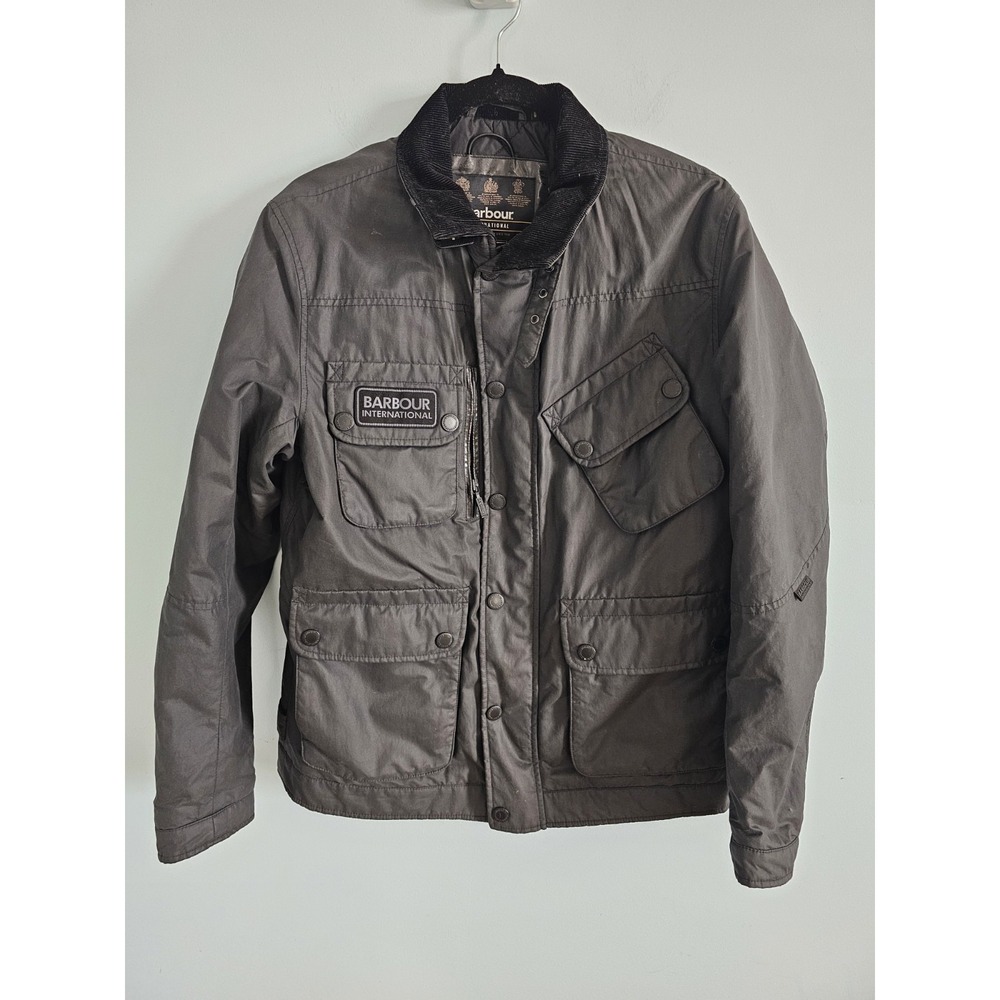 Barbour International Original Wax Motorcycle Coat Gray Corduroy Collar Medium